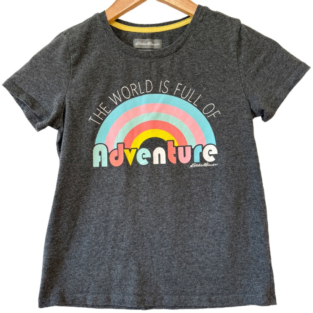 Eddie Bauer Kids Gray Rainbow Adventure Graphic T Shirt Size M 10-12 Cotton Poly